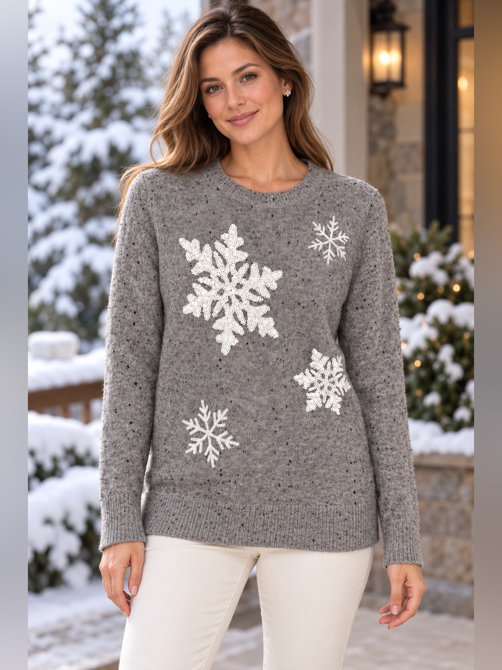 COMO Gray Sequin Snowflake Crewneck Sweater – Size Small